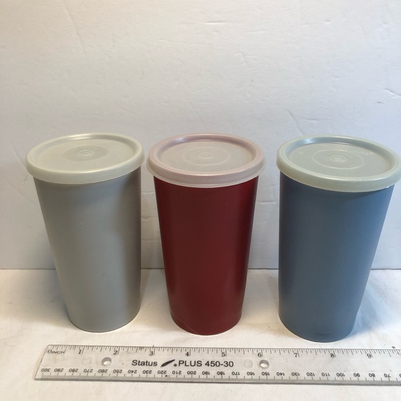 3 Vintage Tupperware # 873 Tumbler Cups With Lids Stackable 12 oz. - Picture 3 of 8